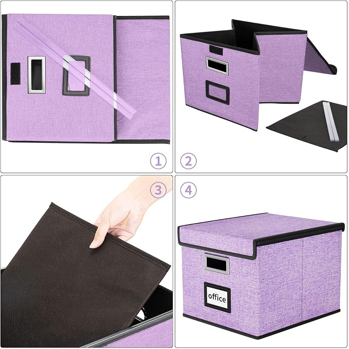File Organizer Box with Lids, Collapsible File Folder Organizer | File Box with Plastic Slides for Document, Filing Bin for Letter Size Hanging File Folders (2 Pack, Dark Lavender)