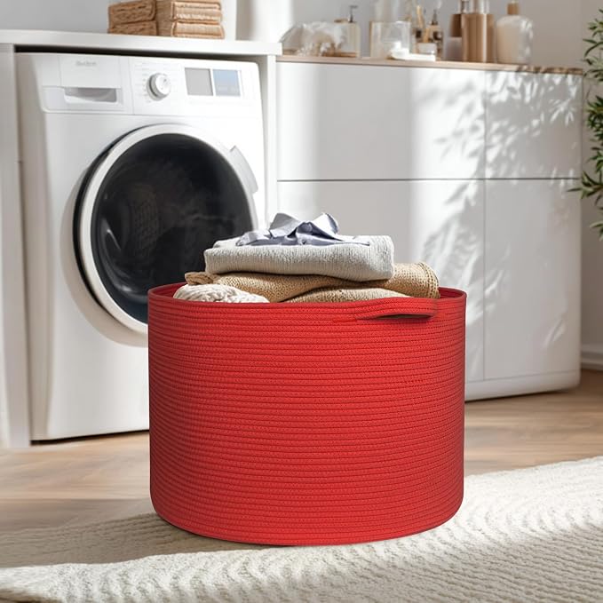 115L Extra Large Red Basket for Organizing, 23.6"x15.7" Jumbo Woven Cotton Rope Bins for Blankets, Baby Nursery Laundry Basket, Kids Dog Toy Storage Box, Huge Red Living Room Decor Organizer