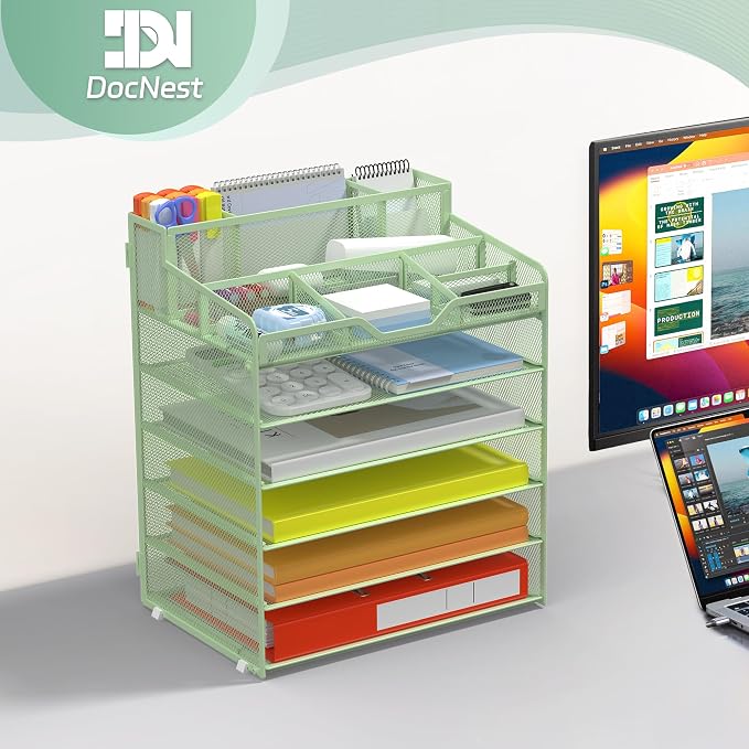 Docnest 6 Tier Mesh Desk Organizer with Letter Tray & Paper Sorter, Green | Features 3 built-in pen holders & 5 adjustable compartments on top. Includes 4 non-slip rubber feet for desk protection