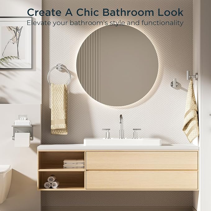FORIOUS Bathroom Accessories, 5-Piece Bathroom Hardware Set - 24" Towel Bar | Brushed Nickel | Towel Hooks, Towel Racks for Bathroom, Toilet Paper Holder With Shelf, Towel Ring | SUS304 Stainless Steel