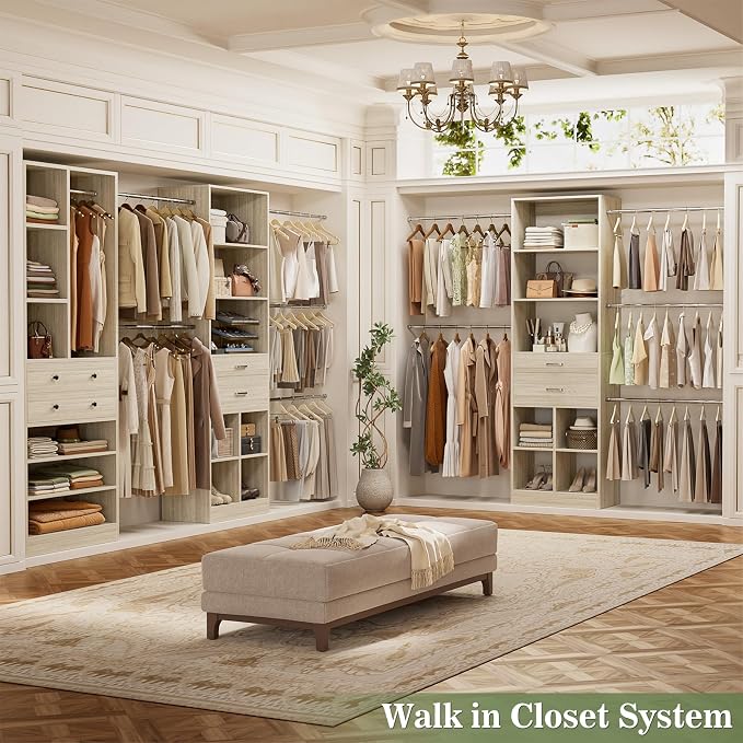 Besiost Closet System, Up to 128.6"/10.7 FT Closet Organizer with 4 Wooden Drawers and Shelves, Walk-in Closet System with 6 Hanging Rods, Built-in Closet Fit 96"/8FT, 120"/10FT, Greige Oak Set 2