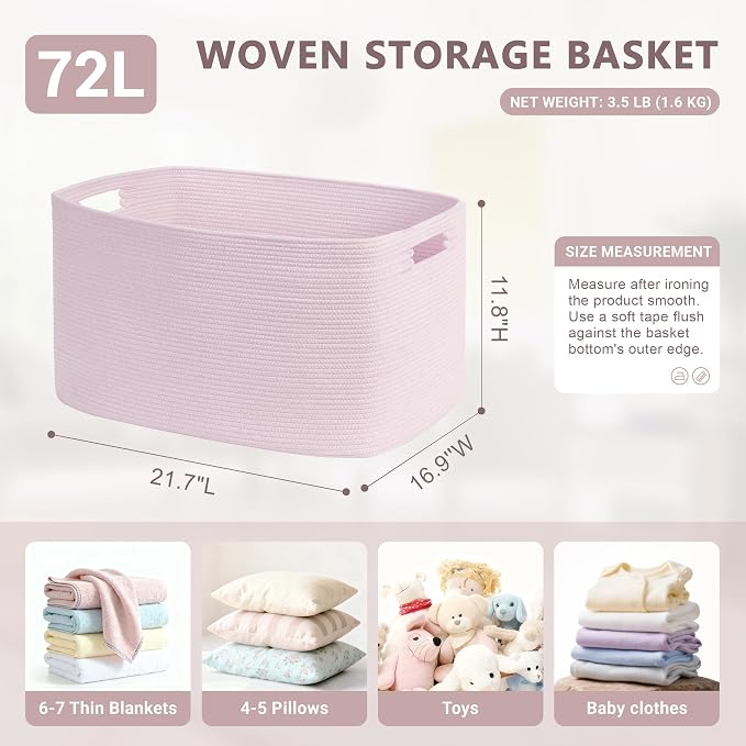 72L Large Woven Laundry Basket Hamper with Handles, Pink | collapsible wicker hamper, storage for dirty clothes, toys, blankets, gifts, living room, bedroom, bathroom, 22"x17"x12"