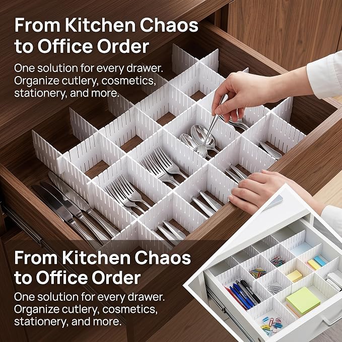 20 PCS with 25 Accessories, Adjustable Plastic Drawer Organizer Inserts, 12.6" x 2.76" x 0.08" White Interlocking Grid Separators for Dresser, Kitchen, Bathroom, Office & Craft Room Storage