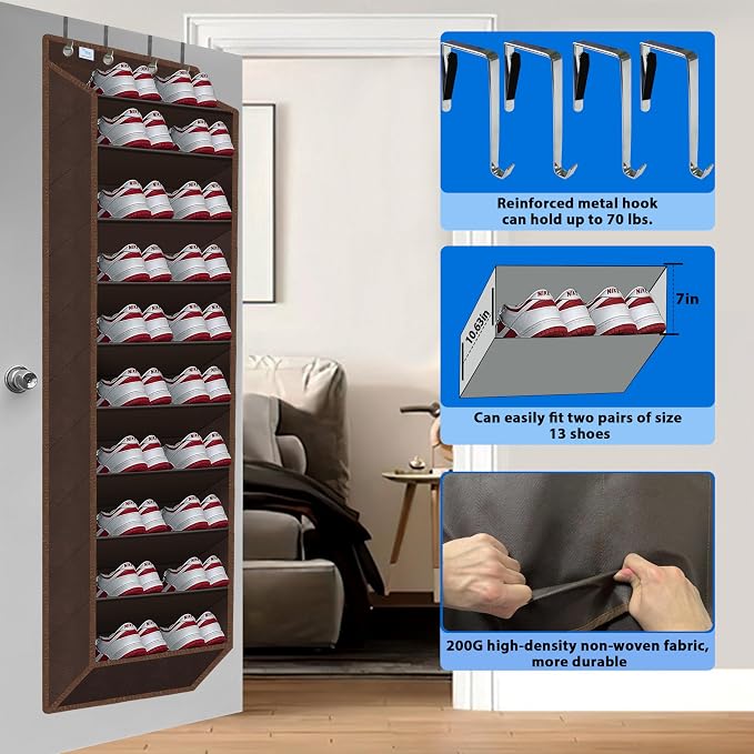 Over the Door Shoe Organizer, 20 to 30 Pairs Hanging Shoe Holder, Heavy Duty Extra Deep Pockets Shoe Storage for Closet, Anti-Scratch Hooks & FSC-Certified Bamboo - Coffee