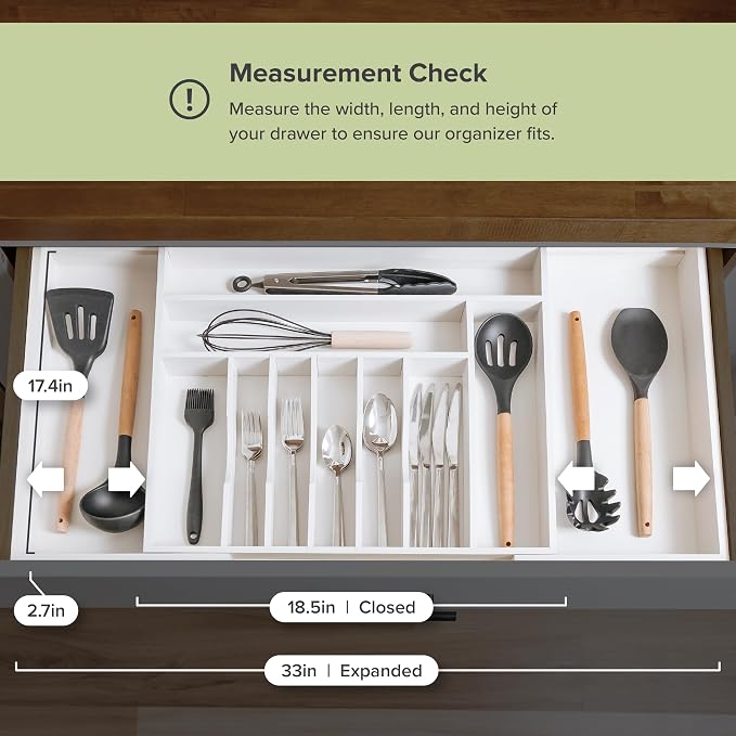 KitchenEdge Silverware & Utensil Drawer Organizer, 18-33 in, White Bamboo | Cutlery, flatware, food-safe contract grade, kitchen drawer fit
