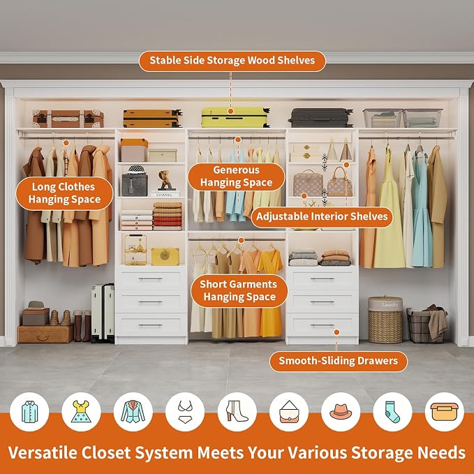 Closet System with 6 Drawers, 6-12.3FT Closet Organizer System Wood with 8 Shelves & 6 Expandable Hanging Rods, Closet Systems Kit for Walk in Closets, Modular Closet Organizer Systems, 2 Sets,White