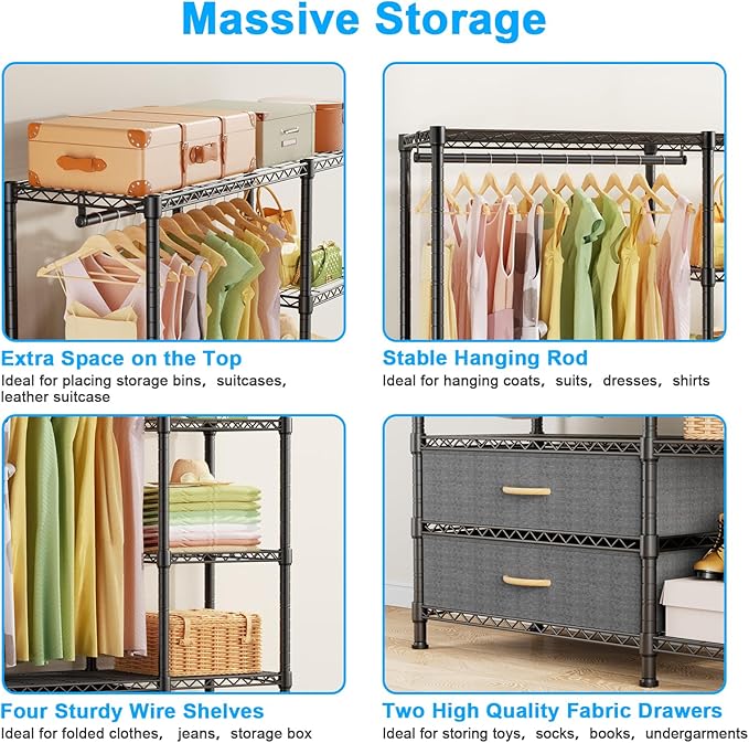Ulif F3 Heavy Duty Clothes Rack(With Fabric Drawers)Freestanding Clothing Racks for Hanging Clothes,Adjustable Closet Organizer System,Portable Garment Rack 40" W x 15" D x 72" H,Max Load 700LBS,Black