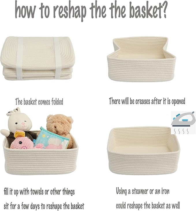 XUANGUO Small Woven Storage Baskets for Shelves, 12" x 8" x 5", White | Decorative rope storage bins for closets and toy storage; cute organizer baskets, empty gift baskets and nursery storage.