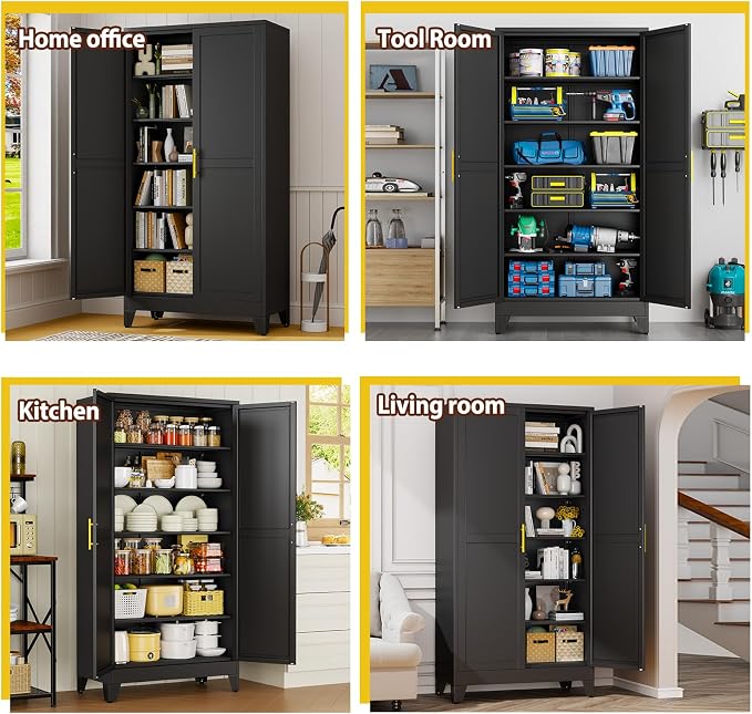 PAOFIN Metal 79“ Kitchen Pantry Cabinet, Pantry Storage Cabinet with Doors and 5 Adjustable Shelves, Freestanding Cupboard Kitchen Cabinet,Tall Cabinet for Living room,Pantry, Bathroom,Kitchen (Black)