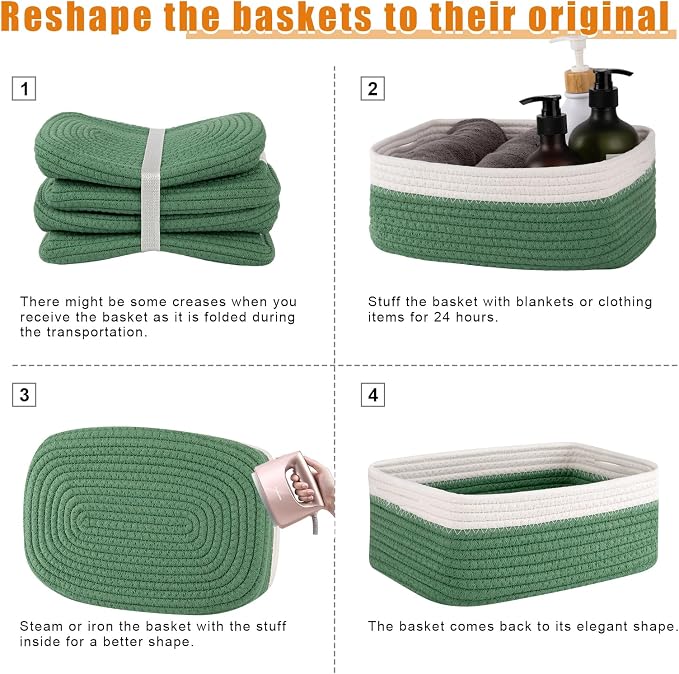 OIAHOMY 4 Pack Storage Baskets for Organizing, Small Bins for Shelves, Cute Decorative Storage Bins, Organizer Baskets for Gifts Empty, 11.8''Lx7.8''Wx4.7''H, Green/White