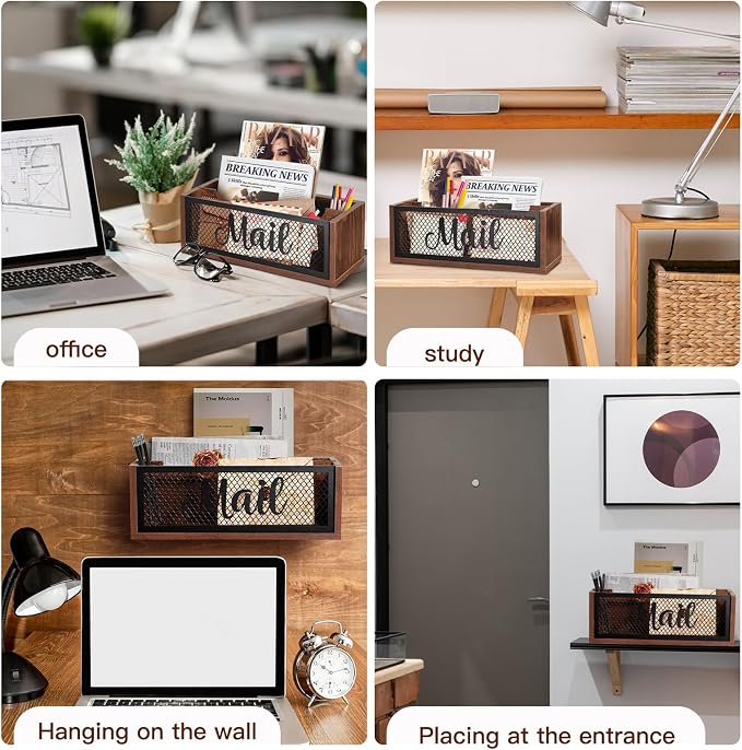 Mail Organizer Mail Holder with 2 Slots | Wooden Mail Basket Mail Sorter for Wall Table Countertop | Bill Envelope Letter Holder for Home Office