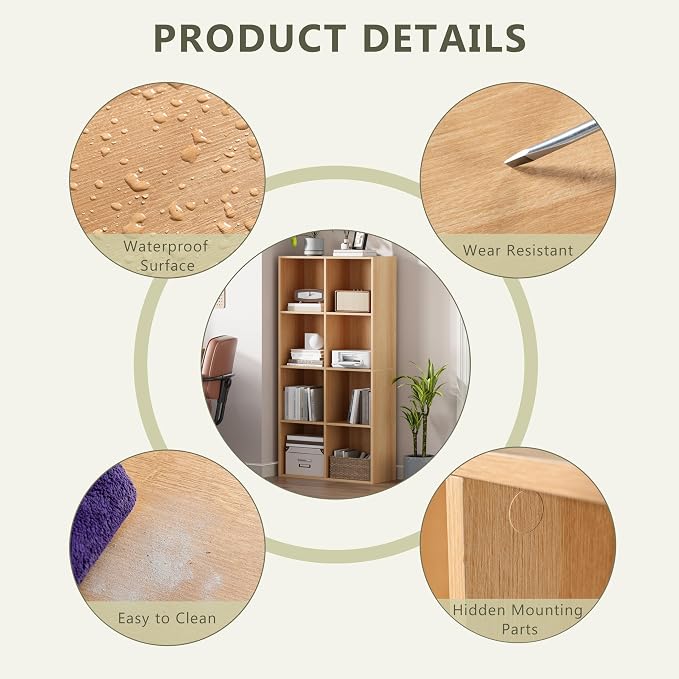 VDNEND Wooden Storage Organizer with Closed Back Panel, 11in Cube Shelf Opening, Bookshelf, Display Shelf,Closet Cabinet for Home and Office (Natural Oak, 8-Cube 47.8L*9.45W*24.09H)