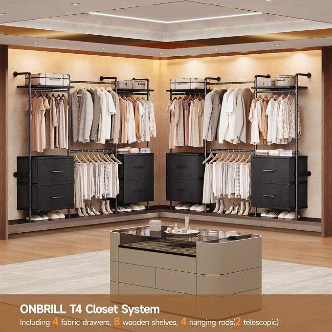 ONBRILL T4 Wall Mounted Closet System, Industrial Pipe Clothing Rack with 8 Wooden Shelves, 4 Drawers & 4 Hanging Rods (2 Expandable), Modular Heavy Duty Closet Organizers and Storage System (Black)