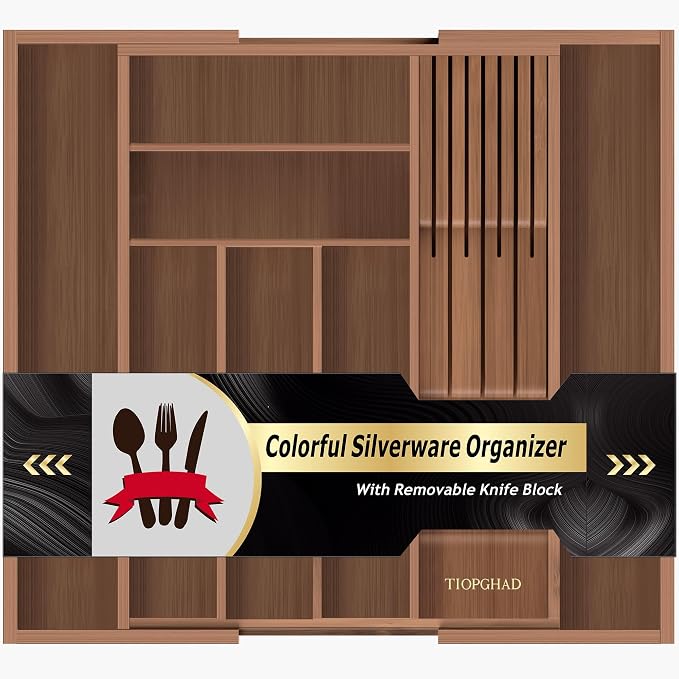 Expandable Bamboo Silverware Organizer with Knife Block, Brown | 12.6-21.45 x 16.3 x 2.13 in, Holds 7 Knives, Removable Knife Block, Adjustable Dividers, Drawer Insert for Utensils, Forks