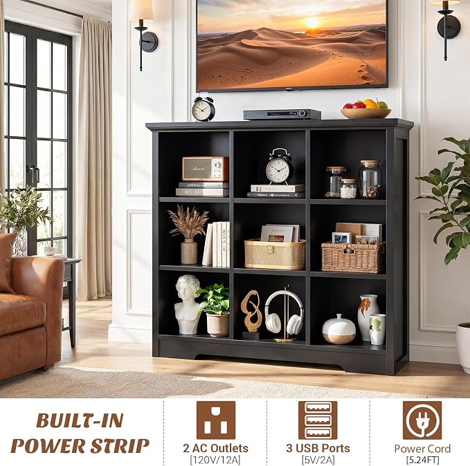 Aheaplus Wooden 9-Cube Storage Organizer with Charging Ports, Modern Cube Bookcase with Base, 4-Tier Floor Standing Open Cubbies Bookshelf, Cubicle Display Shelf for Home and Office, Black