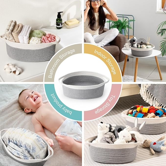 LANDNEOO Small Woven Basket with Gift Bags and Ribbons, Empty Decorative Gift Chest Box, Cute Baby Gift Basket for Nursery, Cotton Rope Room Shelf Storage Basket with Handles, 12"x 8"x 5", Gray