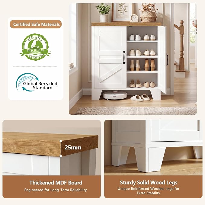 Heybly Modern Farmhouse Shoe Cabinet with Doors, Entryway Storage HSC001WWB | Adjustable Shelves, Hidden Shoe Storage, Versatile Entryway Cabinet Furniture with Thick Top, Reinforced Legs, Walnut-White