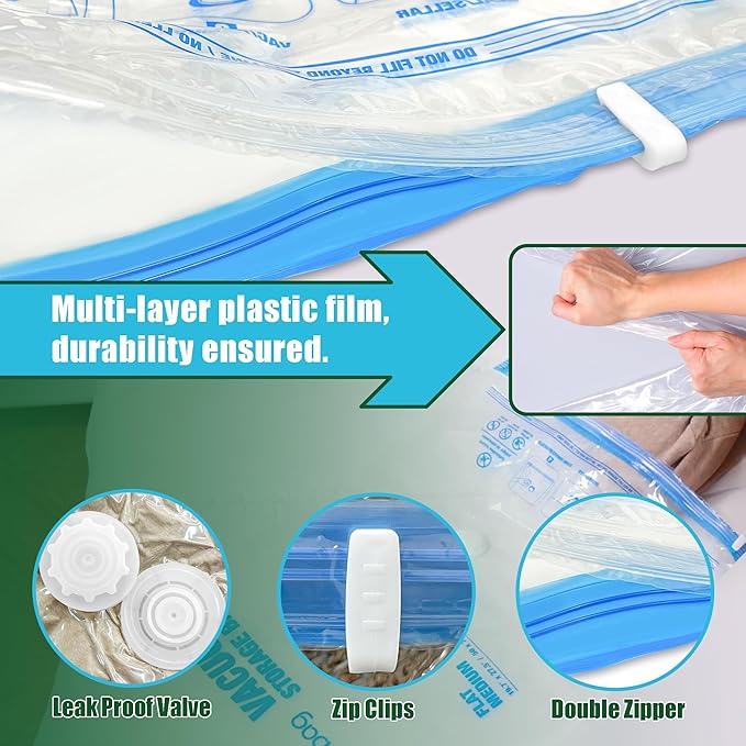 Vacuum Storage Bags, Vacuum Seal Bags for Clothing, 5 Jumbo 5 Large | Extra Large XL, Airtight Triple Seal, Save 80% Space, Hand Pump, Work with Vacuum, Double Zip, Reusable, Easy to Use