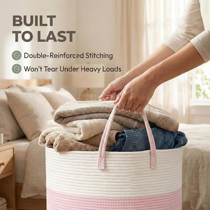 JMvicyroam 115L Extra Large Machine Washable Cotton Rope Blanket Basket | Collapsible laundry hamper, Reinforced handles, For blankets, pillows, toys and clothes, Living room and bedroom, White&Pink
