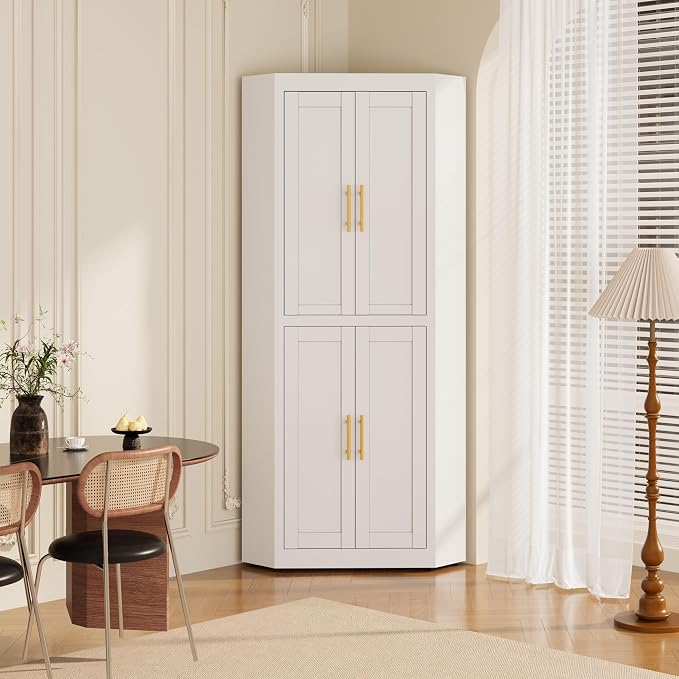 Farmhouse Corner Cabinet, 63" Tall Corner Storage Cabinet with 4 Doors & 3 Adjustable Shelves, Free Standing Storage Cabinet for Living Room, Kitchen, Bathroom, White