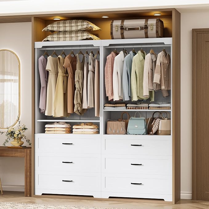 IRONCK Freestanding Closet System with Adjustable Shelves & 3 Drawers | Closet Organizer with Hanging Rod, Ideal for Bedrooms, Apartments and Small Closet Storage