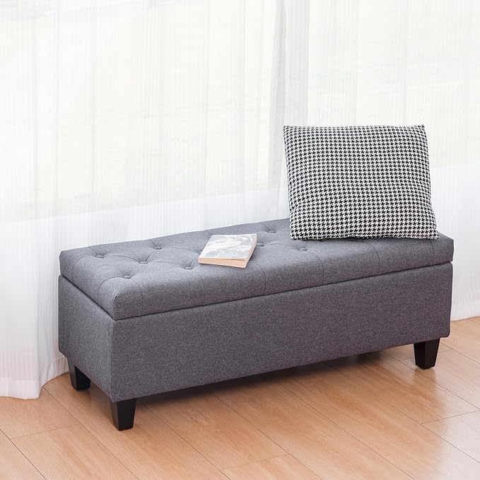 Redlife 42" Storage Ottoman Bench, End of Bed Storage Bench,330 LBS Load | Button Tufted Fabric , Solid Wood Leg, Safety Hinge, Ottoman with Storage for Bedroom Living Room Entryway, Gray