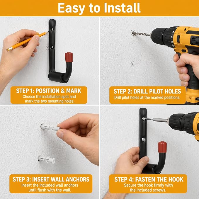 6 Pack Garage Hooks Heavy Duty, Utility Steel Hooks with EVA Foam Padding, 4.64inch Wall Mount J Organizer Hanger for Hanging Bikes Kayak Garden Tool Hose Bike Shelf