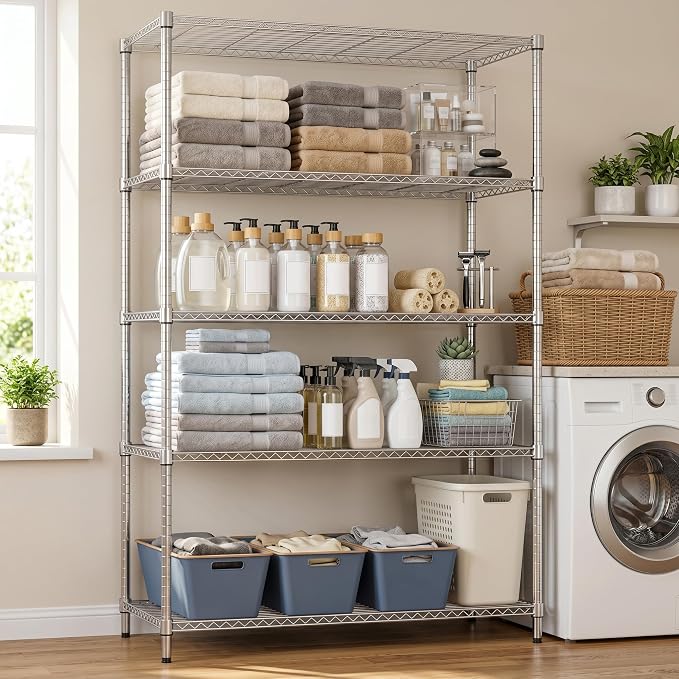 M MZG 5-Shelf Heavy Duty Garage Shelving Wire Adjustable Storage Rack for Kitchen Laundry Bathroom Pantry 1750 lbs Capacity Silver 15.8 x 45.3 x 70.4 Inch