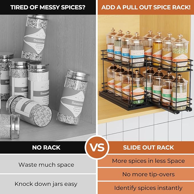 Mystozer Pull Out Spice Rack Organizer for Cabinet, Slide Out Spice Racks, Easy to Install, 7.08" Wx10.43 Dx8.26 H, 2 Drawers 2 Tiers(Black)