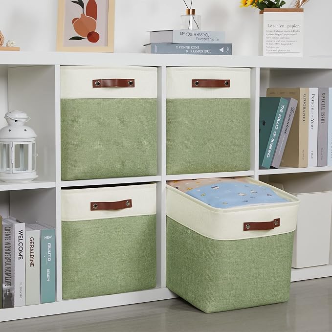 DULLEMELO Storage Baskets for Organizing, Linen Closet Organizers and Storage Baskets for Dog Box, 13 Inch Decorative Cube Storage Bins with handle for Gift Basket(4 Pack - 13" White&Green)