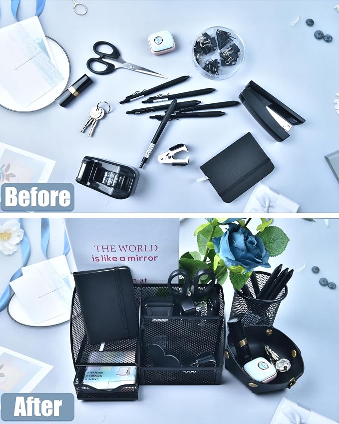Black Desk Accessories, 24Pcs Office Supplies and Desk Organizers, with Tape Dispenser, Stapler, Staple Remover, Ect, Gift Box Packaging