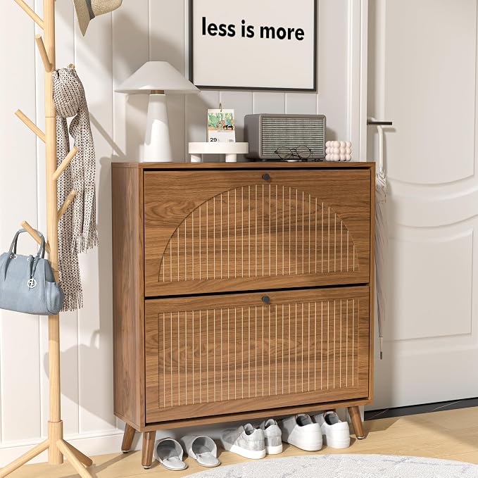 Fsbecl Shoe Storage Cabinet for Entryway with 2 Flip Drawers, Narrow Wood Shoe Cabinet with Fluted Panel, Freestanding Hidden Shoe Organizer for Hallway