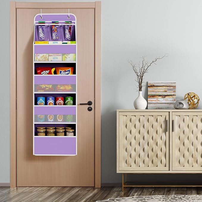 Univivi Fabric Over the Door Organizer for Baby Nursery, Purple, 5-Shelf | Door Storage with Large Capacity Breathable Mesh Pockets, Over Door Hanging Organizer for Baby Essential, Bedroom, and Dorm