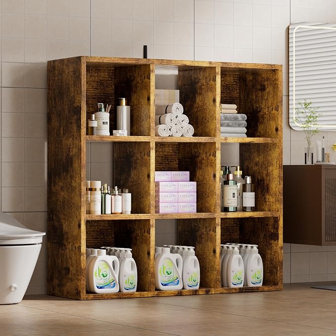 COMHOMA 9 Wood Cube Storage Organizer with Open Back and Removable Back Panels, 11In Brown Cube Storage Bookshelf, Cubicle Shelf Bookcase for Home Office Bedroom Living Room, Vertical or Horizontal