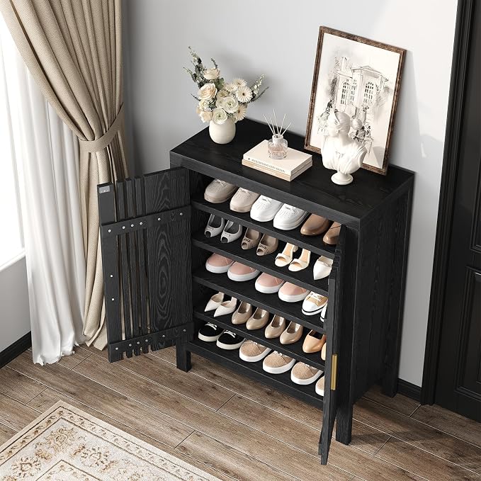 UNIQUITE Wooden Shoes Cabinet with Adjustable Shelves, Retro Freestanding Shoe Organizer Cabinet for Entryway Hallway Living Room, 5-Tier Shoe Cabinet with Doors for 20 Pairs, Black