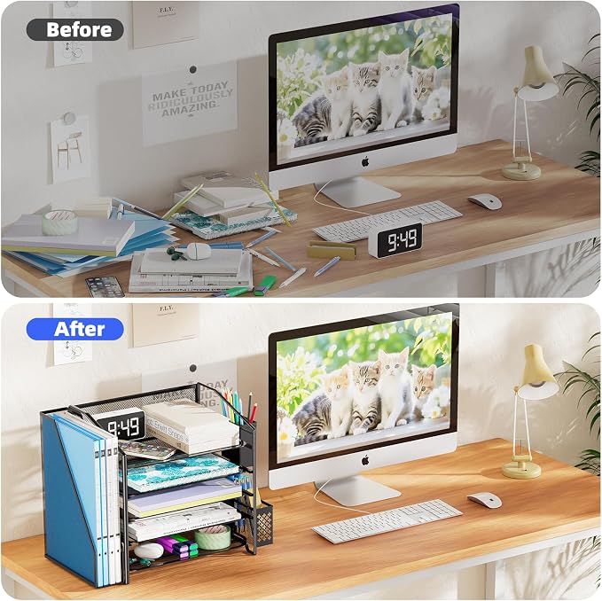 Simple Trending 5-Tier Desk File Organizer, Paper Organizer, Black | Adjustable Letter Trays, Pen Holder & File Shelf, Durable Steel Mesh, Space Saving, for Home Office, 17.5"L x 9"W x 13"H