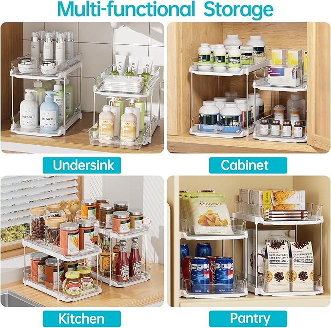 Delamu 3 Pack 2-Tier Bathroom Under Sink Organizers and Storage, Multi-Purpose Stackable Pantry Organization and Storage, Pull Out Clear Kitchen Bathroom Cabinet Organizer with Movable Dividers, White