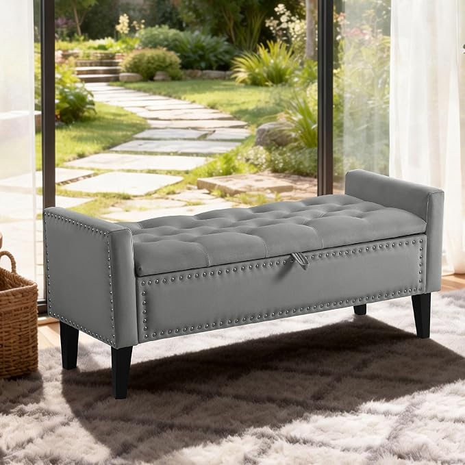 47in Velvet Storage Ottoman Bench with Arms, Upholstered Storage Bench with Wooden Legs, Storage Bench for Bedroom, Living Room, Dark Grey