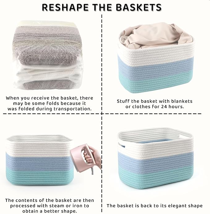 4 Pack Storage Baskets for Organizing, 11''Lx9''Wx8''H Woven Baskets for Storage Toys, Towels, Books, and Clothes, Cotton Rope Basket for Shelves with Handle