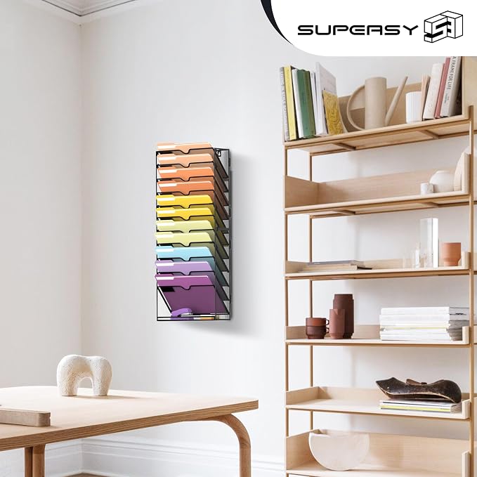 SUPEASY 12-Tier Wall File Organizer, Mesh Hanging Wall Mount File Holder | Paper, Folder, Magazine Rack Great for Office Home School, Assembly Needed, Black