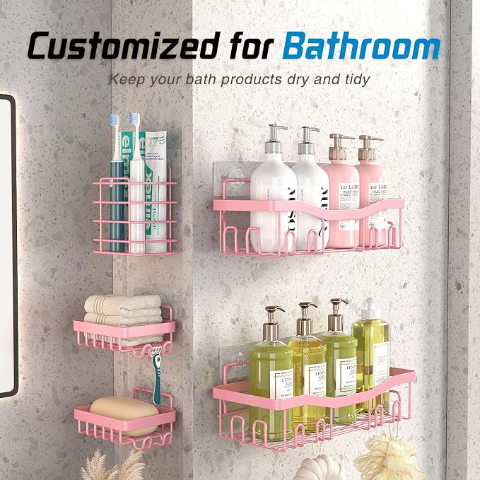 Youvip Adhesive Shower Caddy, No Drilling Bath Organizers 5 Pack, Rustproof Shelves with Soap Holder & Toothbrush Holder, Pink Bathroom Accessories Decor Set