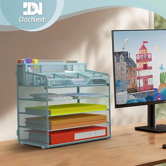 Docnest 5 Tier Mesh Desk Organizer with Letter Tray & Paper Sorter, Blue | Features 3 built-in pen holders & 5 adjustable compartments on top. Includes 4 non-slip rubber feet for desk protection