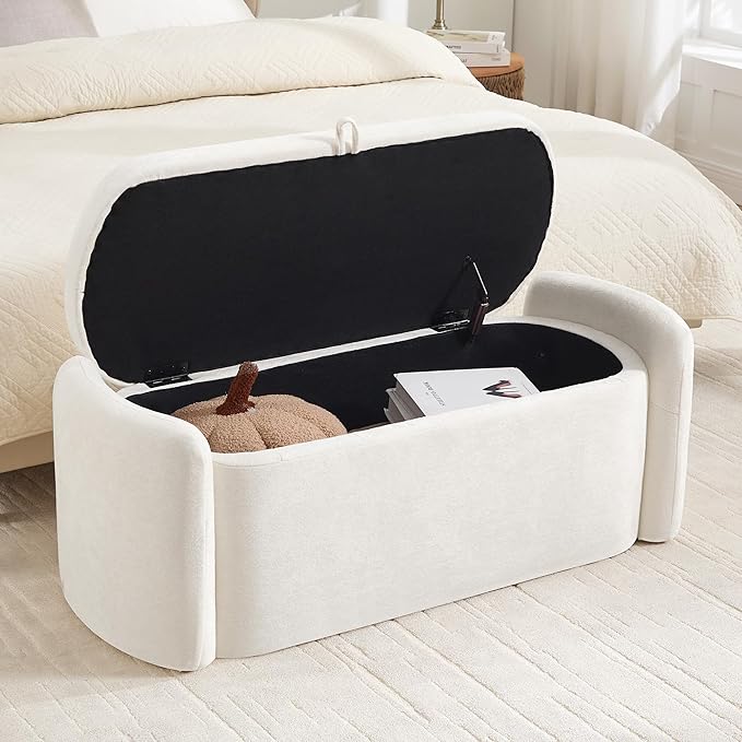 Oval Ottoman Bench with 20 Gal Storage Space Upholstered Chenille Seating End of Bed Storage Bench Storage Ottoman with Storage for Bedroom, Living Room, Entryway, Window (Beige)