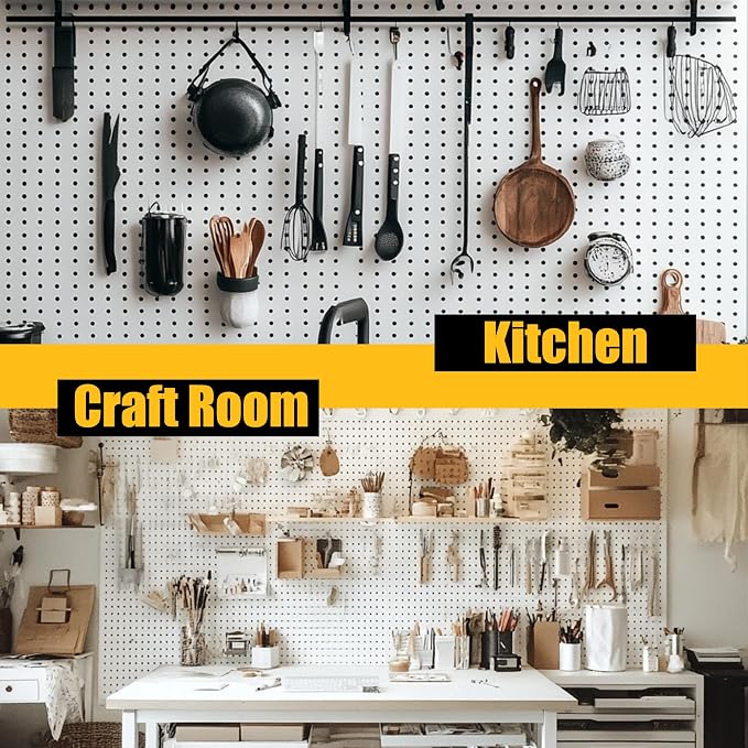 Spampur Peg Board, 4 Pack Metal Pegboard Panels with 50 Hooks | White Pegboards Wall Organizer, Heavy Duty Peg Board for Garage Tool Storage, Desk Office Organization, Craft Room, Kitchen