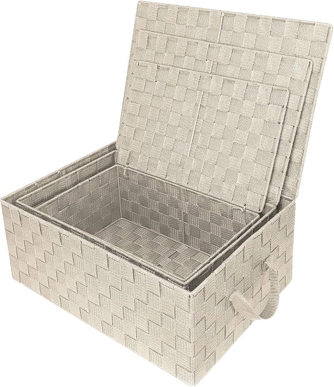 Sorbus Set of 3 Storage Baskets for Organizing with Lid, Mesh Hand-Woven Design, Linen Closet Organizers and Storage, Organizer Storage Baskets for Shelves, Variety Pack Organizers and Storage (Beige)