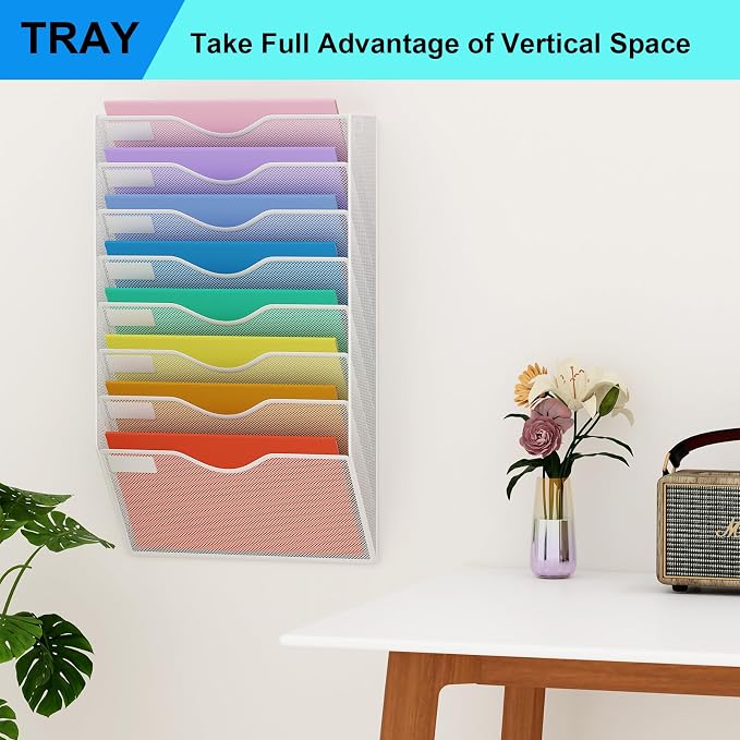 8 Pockets Mesh Hanging Wall File Holder Organizer Wall Mounted Paper Magazine Rack, White