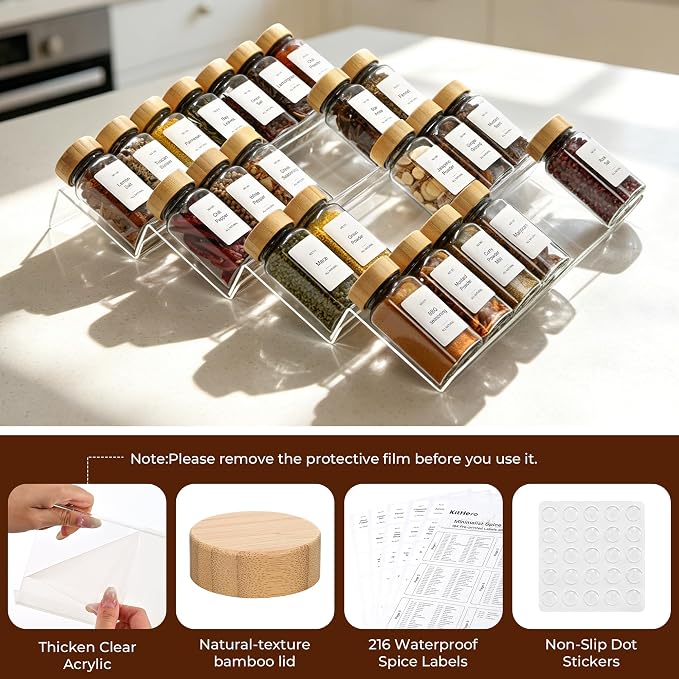 Acrylic Spice Drawer Organizer with 28 Spice Jars and 216 Labels,Non-slip Rubber, 4 Tier Spice Racks Tray Seasoning Containers for Kitchen Drawers,Cabinets,Countertops,13" Wide * 18" Deep