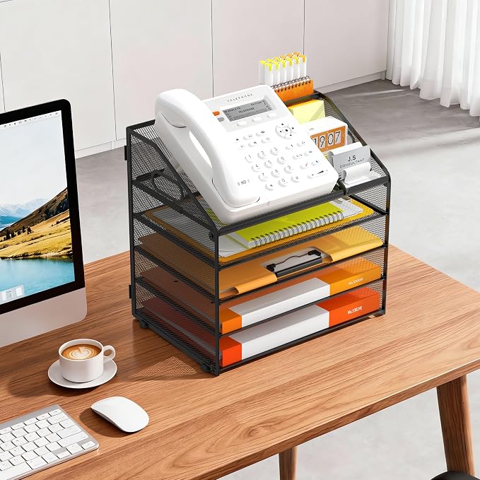 DocNest 5 Tier Metal Mesh Desk File Organizer with Phone Shelf, Black | Desktop letter tray sorter features a 9.1x9.1 inch top phone holder, built-in sticky note compartment and pen holder