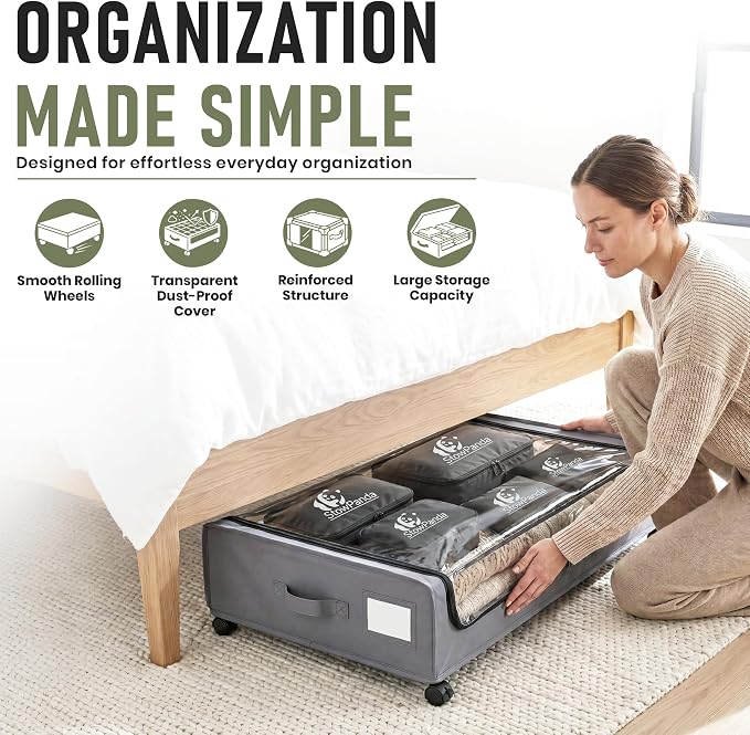 60L Under Bed Storage with Wheels, With 6 Travel Bags, 2-Pack, Light Gray | Rolling Underbed Storage Containers, Clear Lids, Heavy Duty Steel Frame, Organizer for Clothes Shoes Comforters Blankets Toys