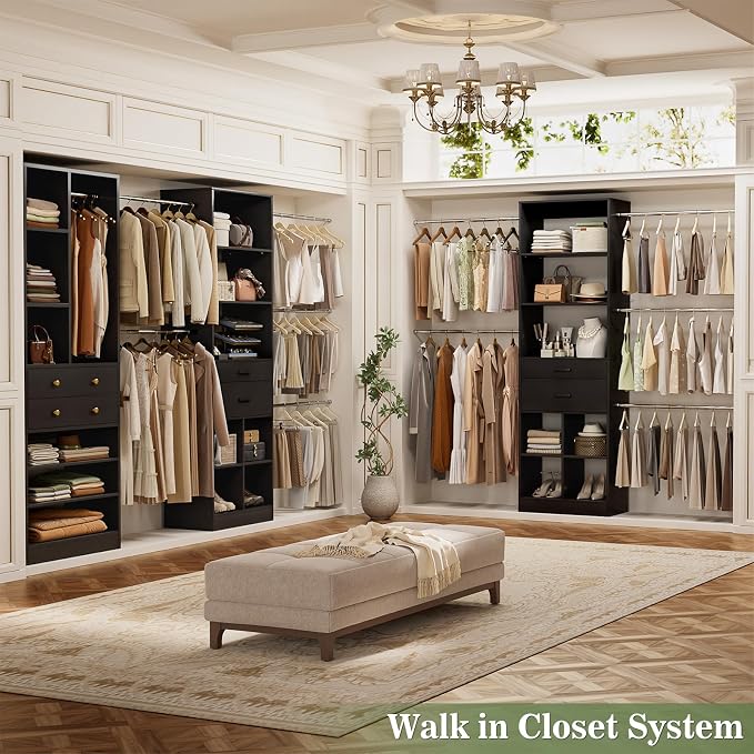 Besiost Closet System, Up to 128.6"/10.7 FT Closet Organizer with 4 Wooden Drawers and Shelves, Walk-in Closet System with 6 Hanging Rods, Built-in Closet Can Fit 96"/8FT, 120"/10FT, Black Set 2